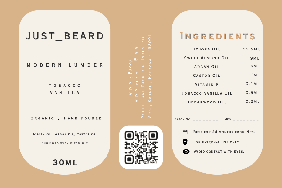 Front and back label artwork for Just Beard Modern Lumber beard oil
